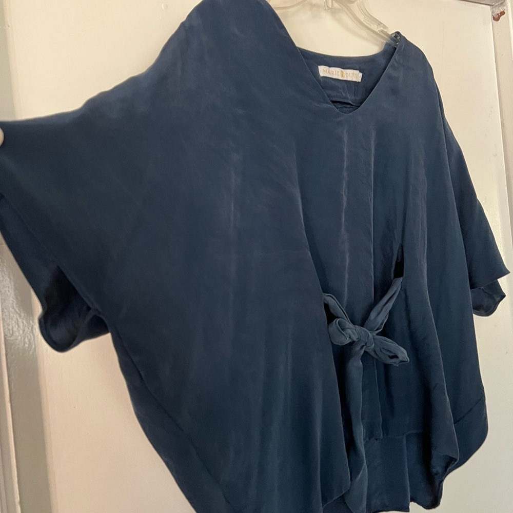 Marie Oliver Silk Caftan Blouse Navy Tie Front Boho Small - Picture 4 of 7